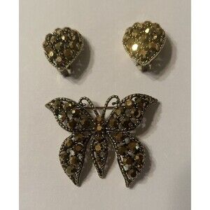 Vintage Weiss Goldtone Rhinestone Beaded butterfly Brooch And matching Earrings